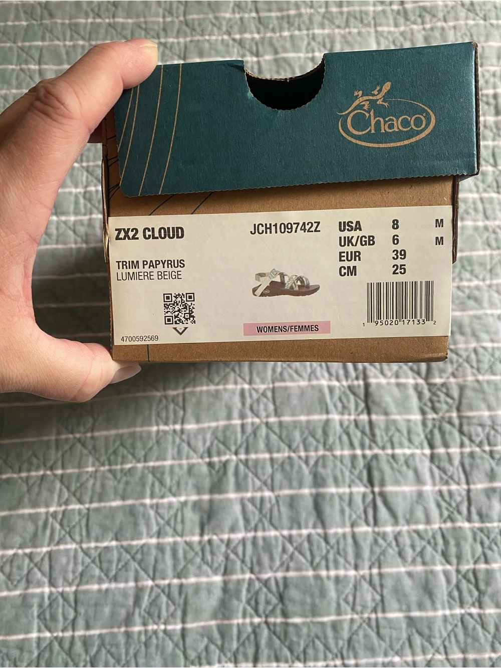 EUC Chaco ZX2 Cloud comfort sandals Trim Papyrus beige, light blue, & green 8 - Picture 6 of 6